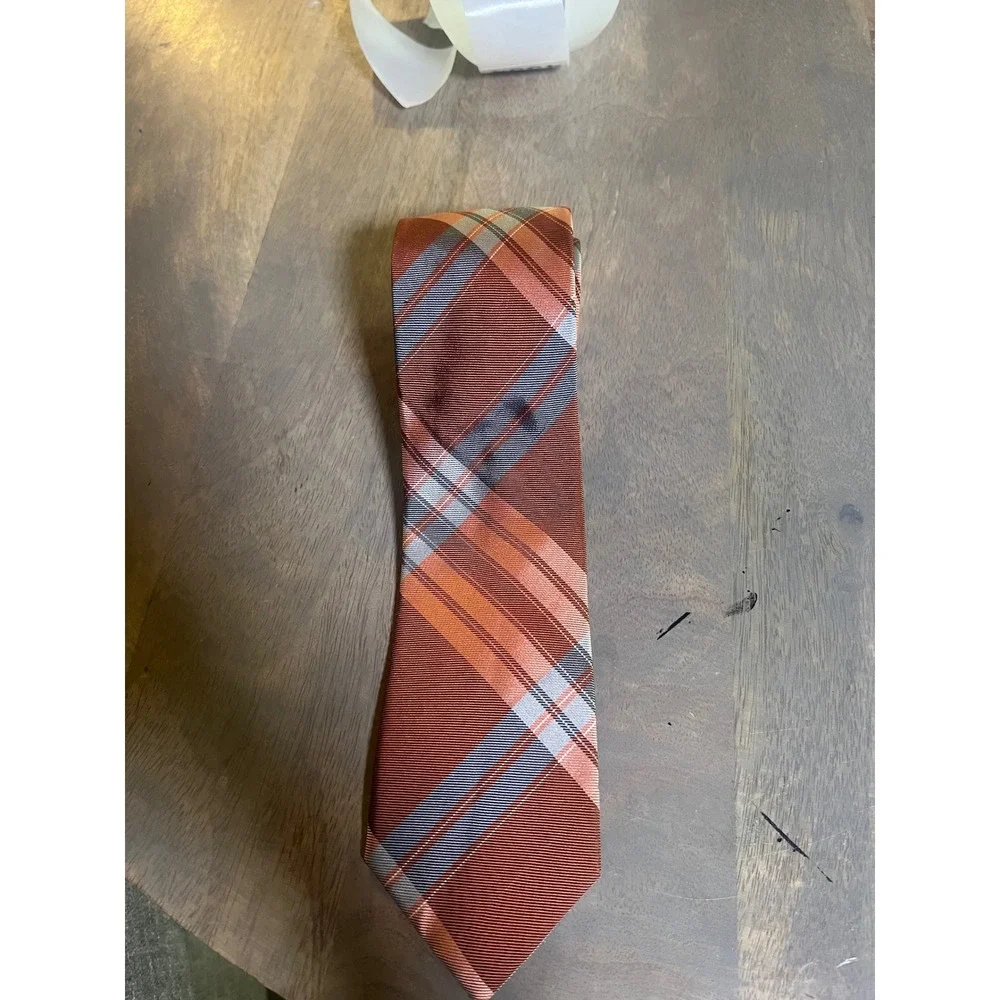 Kenneth Cole Mens Necktie 100% Silk Plaid Rust Orange OS‎